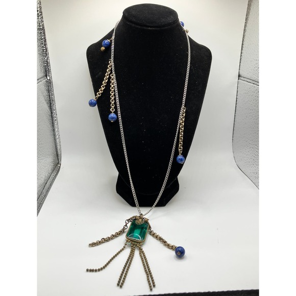 Hearts Charms Green Rectangle Glass Pendant Blue Sodalite Beads Chain Necklace! - Picture 4 of 8